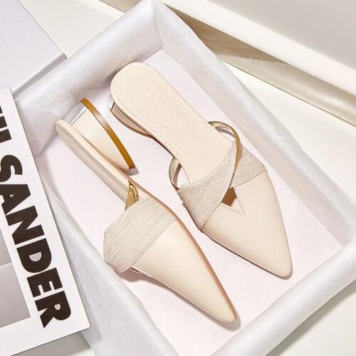 Pointed slippers 2021 new summer PU stitching outer wear metal decorative low heels large size womens slippers