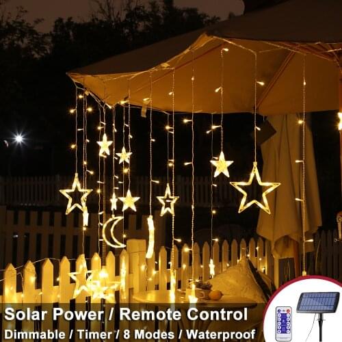 Solar Remote Control LED Curtain Lights with Stars Moons 8 Modes with Timer Dimmer Waterproof for Gardens Christmas Led Lights