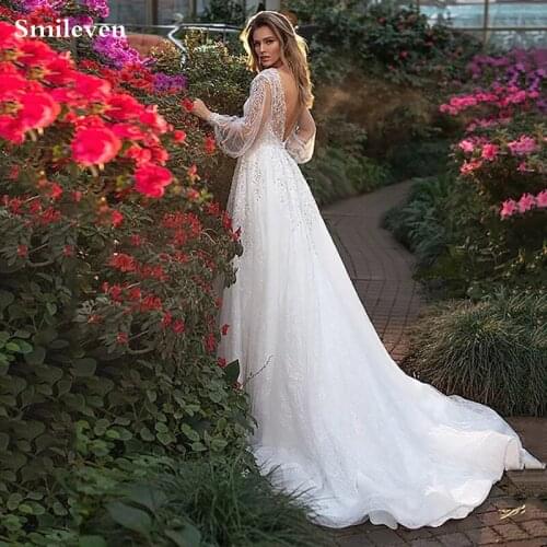 Smileven Bohemian style Wedding Dresses Puff Sleeve A Line Backless Beaded Country Bridal Gowns Plus Size Wedding Bride Dresses