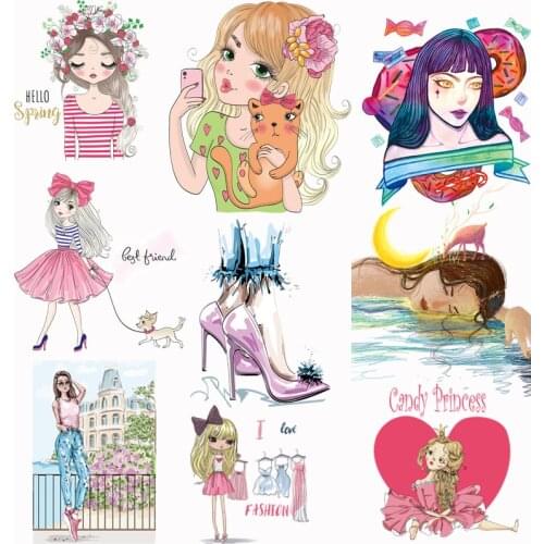 Prajna Iron On Transfer Vinyl Heat Transfer Cute Cartoon Girl Patch Stripes For Clothing Stripes Applique Badge For Clothes