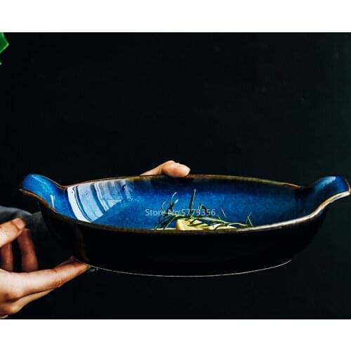 Creative Simple Kiln Blue Boat-shaped Plate Ceramic Long Fish Tank Grilled Cheese Rice Bowl Vegetable Bowl