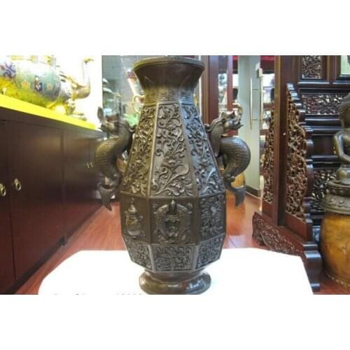 USPS to USA S0184 100% Pure purple Bronze Regiue Palace Eight treasures Two Dragon Ears Pot Vase