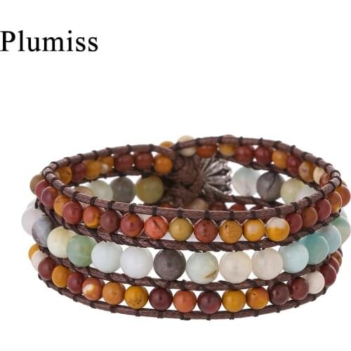 Boho Natural Stone Wide Wrap Bracelet for Women Yelk Stone Amazonite Cuff Bracelets Bangles Jewelry Dropshipping Wholesale