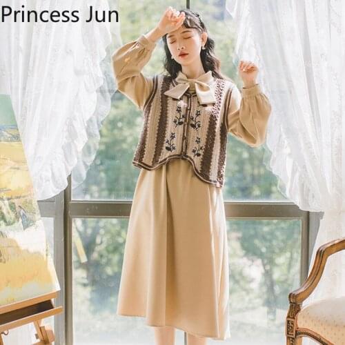 Korean Fashion Women Two Piece Sets Long Sleeve Sweet Bow Shirt Dress&Crochet Floral Camis Vest Retro 2 Piece skirt Suit Outfits