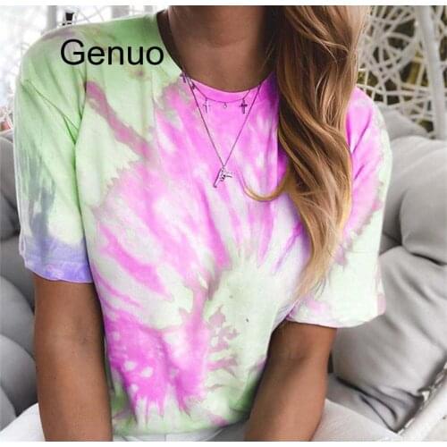 Women T-shirts Casual Crew Neck Tie-dye Gradient Printing Loose Female Tops Short Sleeve Fashion Summer Ladies Tops