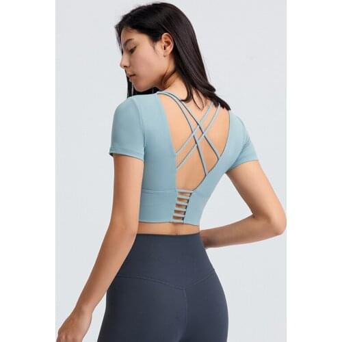 2021 Women Yoga Shirts Workout Open Back Top Long Sleeve Crop Top Spring Autumn Gym Cross Back Sports Shirt Short Sleeve Summer