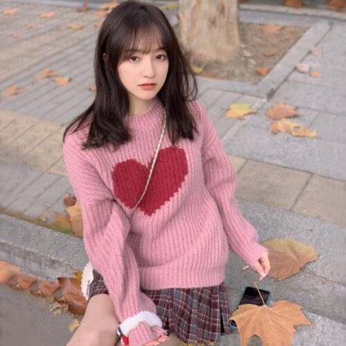 Heart Sweater O-Neck Pullover For Women Sweet Knitted Sweaters Long Sleeve Tops Loose Korean Fashion Clothing Pink Jumpers