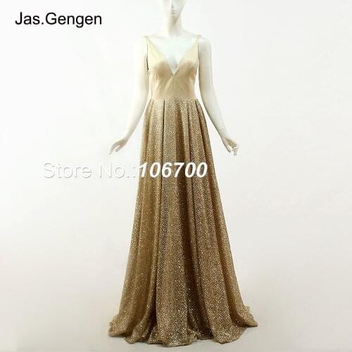 Elegant Shining Silver Gold Glitter Prom Dresses vestido de festa V Neck A Line Backless Pleat Long Bridal Evening Gowns New