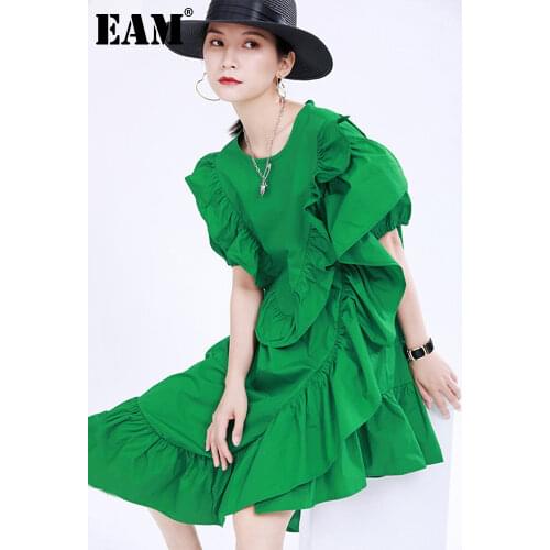 [EAM] Women Green Irregular Ruffles Split Dress New Round Neck Short Sleeve Loose Fit Fashion Tide Spring Summer 2021 1U387
