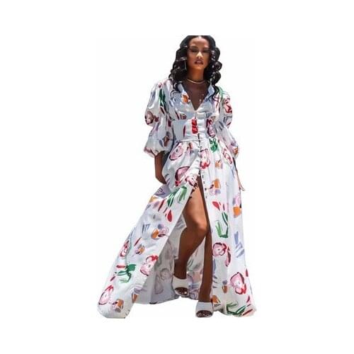 2021 Ins Internet Celebrity Famous Women Dress Puff Sleeve Long Skirt Print