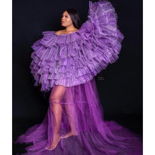 New Trend Off Shoulder Tiered Puffy Batwing Sleeve Tulle Party Dresses Womens Robes Customized High Street Dress Evening Gowns