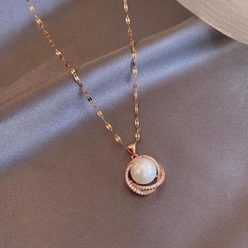 2021 New Female Elegant Clavicle Rose Gold Color Rhinestone Necklaces Round Pearl Beads Pendant Necklaces Women Jewelry