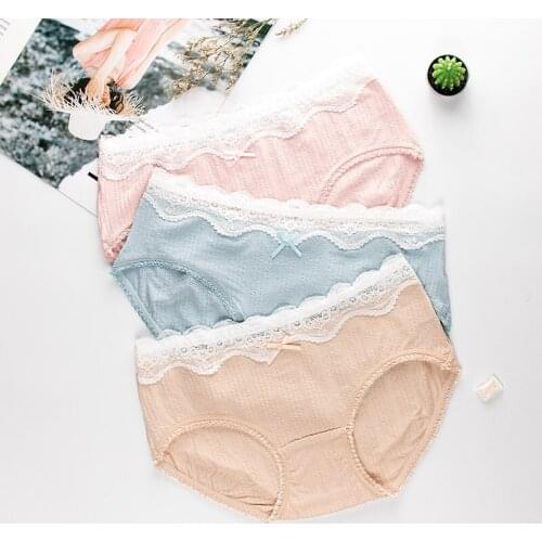 Wasteheart Fashion Cotton Blue Pink Skin Bow Mid Waist Panties Women Underwear Lingerie Women Briefs 3 Pieces 3 Color Underpants