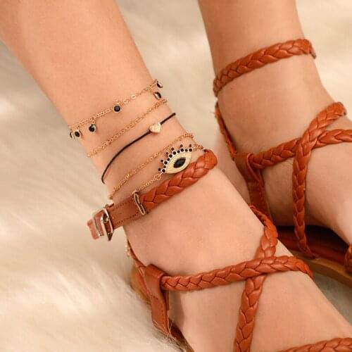 4pcs/set New 2020 Fashion Bohemia Eyes Heart Shape Anklets for Women Black Crystal Tassel Anklet Set Female Jewelry Accessories