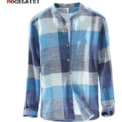 MOGELAISI Brand plaid shirts men fashion long sleeve linen cotton shirt comfortable soft man high quality Autumn clothing 731