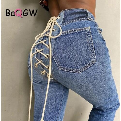 BaQGW New Autumn Winter Sexy Back Lace Up High Waist Denim Female Straight Jeans for Women Bell Bottom Fat Mom Jeans Wide Leg