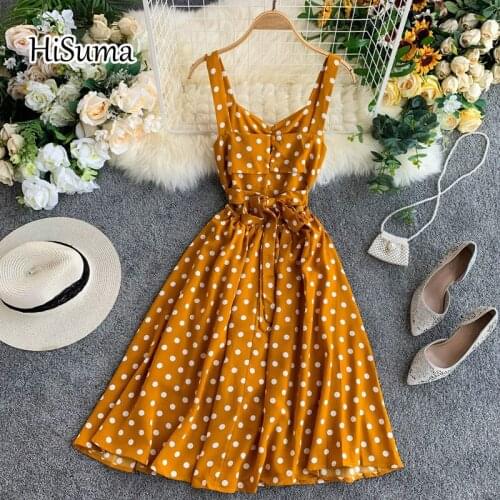 HISUMA 2020 summer new womens strap dot print single breasted hollow out lace-up chiffon dress female V collar waist dresses