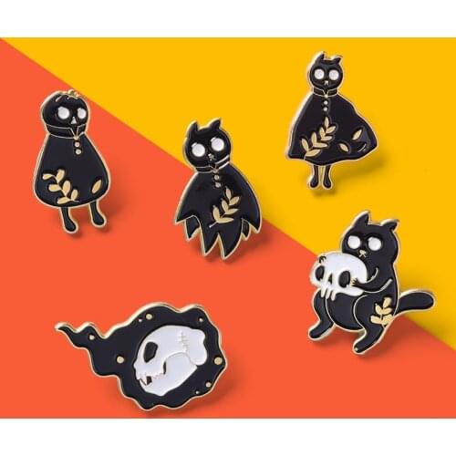 Custom Black Boo Cat Enamel Pin Punk Ghost Cat Skeleton Brooch Lapel Badge Bag Dark Gothic Jewelry Gift For Kid Friend Wholesale