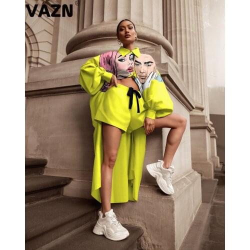 VAZN 2020 Hot Novelty Fancy Young High Street Loose High-end Full Sleeve X-Long Cloth Group Short Pants Slim Women 2 Piece Set