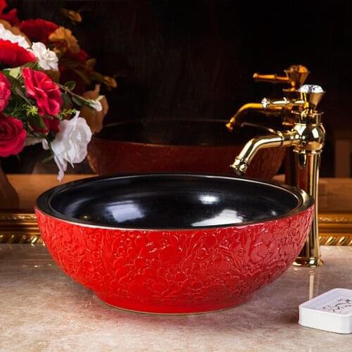 Red Europe Vintage Style Ceramic wash basin Countertop Bathroom Sink bowl Hand Painted Sink