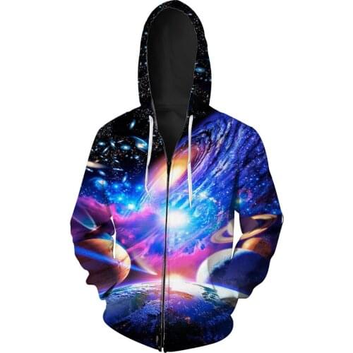 Papertiger Colorful Galaxy Flying Planet Print Cool 3D Zipper Hooded Sweatshirt