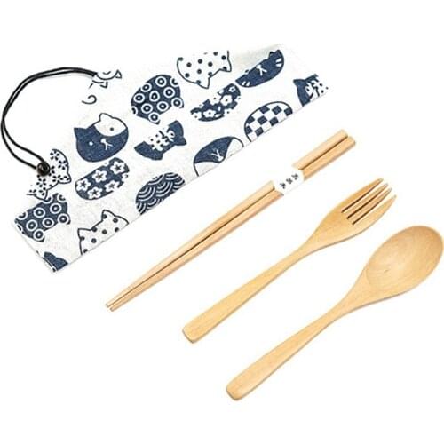 Japanese-style Spoon & Fork & Chopsticks Portable Natural Wooden Travel Dinner Kit With Bag Handmade Home Tableware