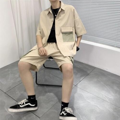 2021 Summer Mens Sets Shirts and Shorts Fashion Oversize Suit Clothing Patchwork Cargo Pocket Short Sleeve Casual Streetwear