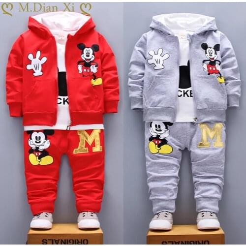 Spring Autumn Baby Girl Boy Clothes Set Cute Mickey Cotton Hooded Coat+T Shirt+Pants 3PCS Suit Casual Kid Children Tracksuits