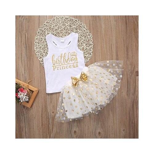 1-6Y Summer Kid Baby Girls Birthday Clothes Sets Sleeveless Letter Vest Tops Party Skirt Polka Dot TuTu Skirt 2pcs Outfits Set