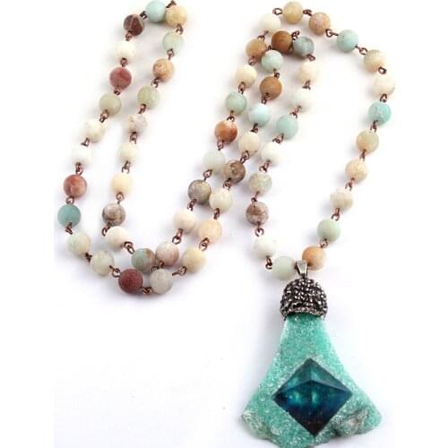 Fashion Bohemian Tribal Jewelry long Rosary Chain Knotted Amazonite Natural Blue Druzy Drop Pendant Stone Necklace