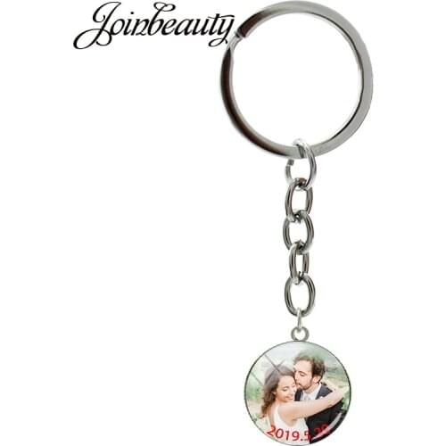 JOINBEAUTY Charms Custom Photo With Name/Date Round Glass Dome Pendant Keychian Wedding Souvenir Gift Jewelry NA01