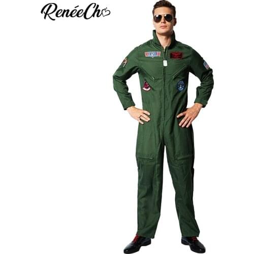 Reneecho Men Top Gun Costume Flight Suit Costume Fighter Pilot Jumpsuit With Necklace Halloween Costume For Adult