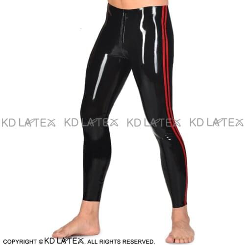 Black And Red Sexy Latex Leggings With Two Stripes On Sides Front To Back Zippers Rubber Pants Trousers Bottoms CK-0078