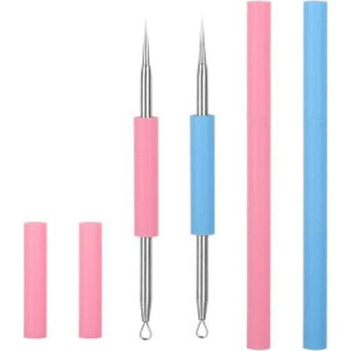 Silicone Cover Blackhead Comedone Zit Acne Pimple Non-slip Spot Facial Remover Needle Pin Tool Extractor (Blue / Pink)