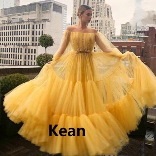 Old Yellow Evening Dress Off the Shoulder Boho Vestidos De Festa Velet Pleat Prom Dresses Tiered Party Evening Dress