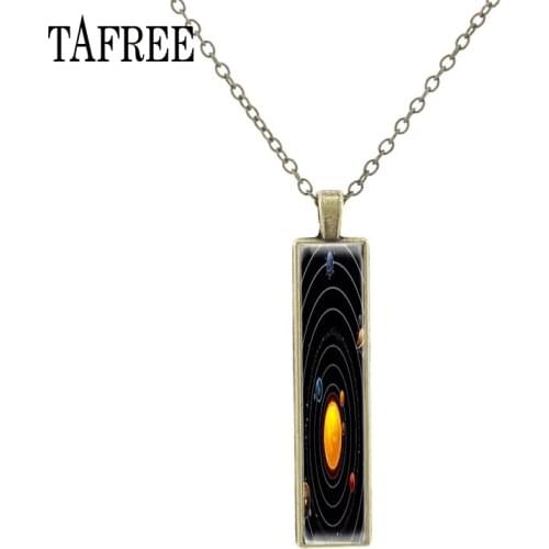 TAFREE Nine Planets Miniature Grate Rectangle Image Long Necklace Men Jewellrys Glass Pendants For Astronomy Lovers Gifts DR177