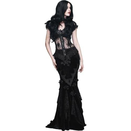 Gothic Victoria Black Sexy Maxi Bodycon Mermaid Skirt Rose Lace Crushed Velvet Fishtail Skirt Black Long Evening Pencil Skirts