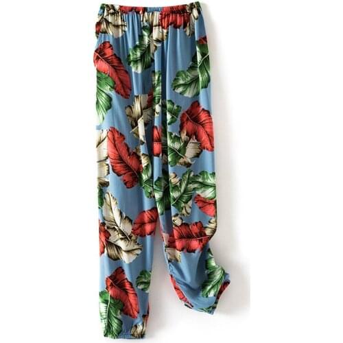 Female Spring Summer New Casual Leaf Print Pants Loose Noil Poplin Pijama Pant Loose Sleepwear Beach Trousers Home Clothes M-XL