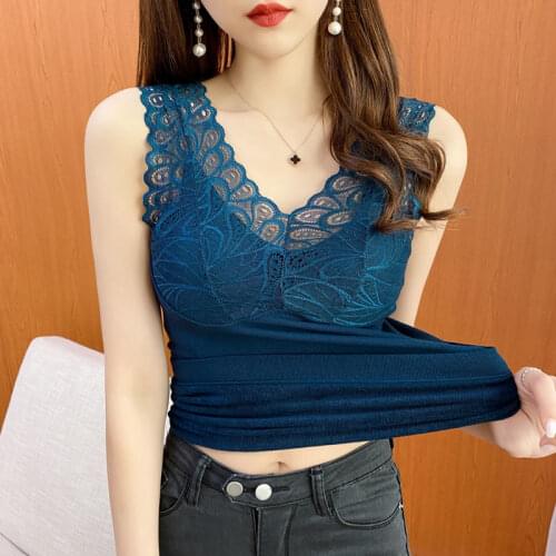 Women 2021 Autumn Winter New Solid Color Slim Vest Tops Female Lace V-neck Sleeveless Tops Ladies Thermal Underwear Tops E108