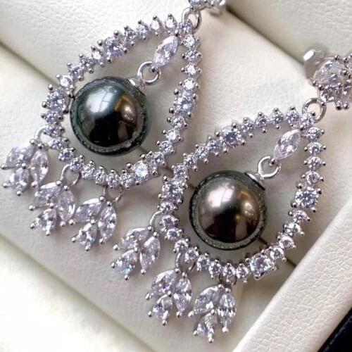 D328 Pure 925 Sterling Silver 7-9mm Fine Jewelry Fresh Water Round Black Pearl Dangle Earrings for Women Fine Pearl Earrings