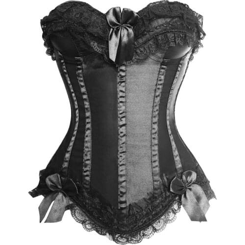 Sexy Womens Satin Boned Lace up Overlay Corset Bowtie Bustiers Victorian Black Corselet Lingerie Top Plus Size S-6XL