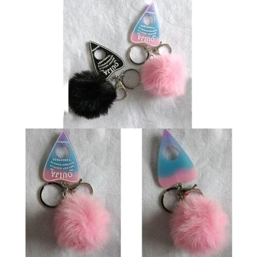 Women Keyring Multicolor Flatback Resin Planchette Charms Gradient Board Keychain With Plush Ball Punk Board Craft