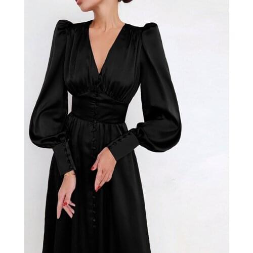 New Year Party Dress Women Elegant Satin Prom Lantern Sleeve A-Line High Waist Slim Dresses 2021 Lady Ball Evening Clothing