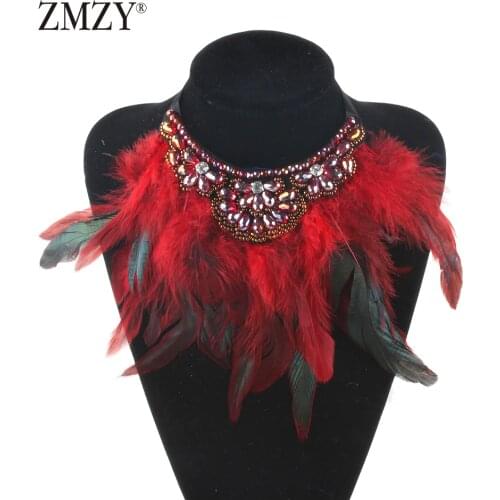 ZMZY Feather Hand-made Red Choker Necklace Women Hot Collar Neck Maxi Collier Trendy Glass Statement Jewelry