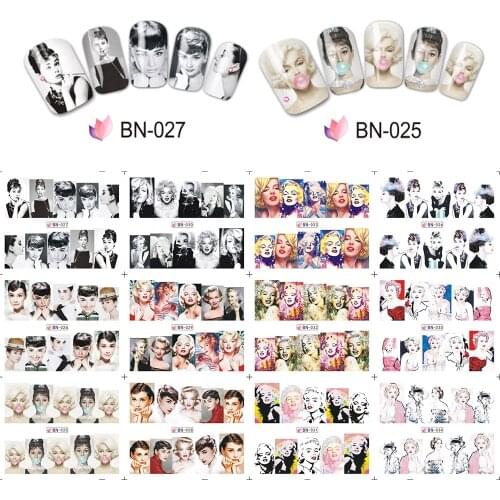 12pcs/lot Hot Sale Water Nail Art Transfer Stickers Beauty Woman Audrey Hepburn & Marilyn Monroe Decal Decorations JIBN025-036