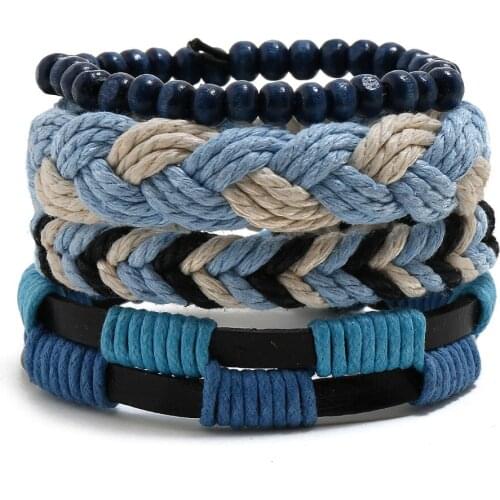 4PCS/Set Bracelet Bangle Set For Man Woman Blue Rope Leather Braided Adjustable Wood Bead Wristband Jewelry Gift Wholesale