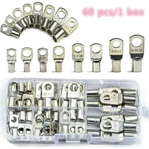 60 pcs/1 box Bare Terminals lug Tinned Copper Tube Lug Ring Seal Battery Wire Connectors Bare Cable Crimped/Soldered Terminal Ki