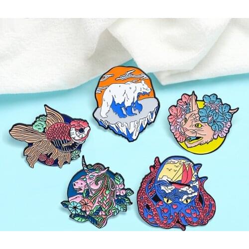 Flower Animal Brooches Octopus Hairless Cat Polar Bear Horse Goldfish Enamel Pins Love FlowersPlants Lapel Broche Badge Jewelry