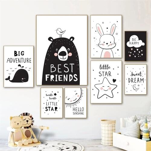 Black And White Cloud Bear Wall Painting Nursery Print Star Sun Canvas Poster Rabbit Wall Art Pictures Nordic Baby Room Decor