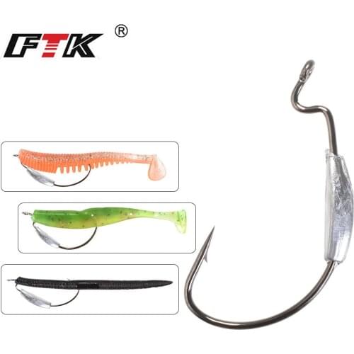 FTK 5pcs/pack 2#-4/0 Fishing Soft Worm Jig Lead Lure Hooks High Carbon Steel Wide Super Lock Fishhooks Lure Softjerk Hooks